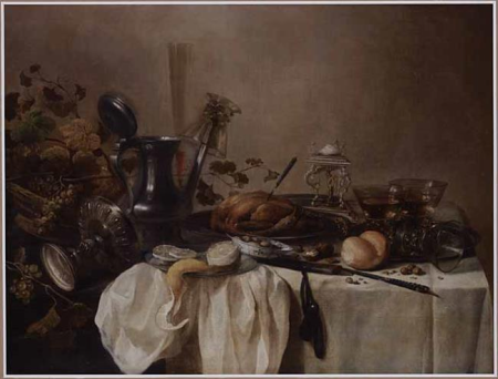 A still life with a silver tazza, a ewer, a goblet, three roemers, a roast fowl, grapes, a bread roll, olives, walnuts and a partly-peeled lemon all arranged on a table partly-draped with a with cloth, Pieter Claesz, 1645