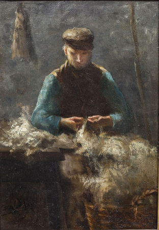 David de la Mar - Man in interior working with wool, David de la Mar, before 1898