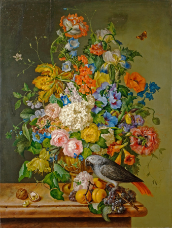 A still life of roses, hydrangeas, poppies and other flowers in an urn with an African Grey parrot, grapes, peaches and walnuts on a marble ledge, Franz Xaver Petter, 1830