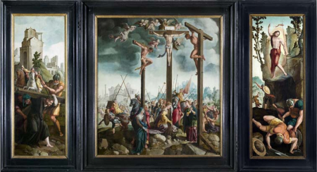 Triptych with Crucifixion with multiple figures, Jan van Scorel, between 1530 and 1539
