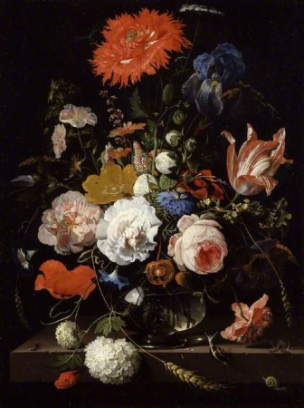 Flowers in a glass vase, with insects and snails, on a stone ledge, Abraham Mignon, between 1670 and 1674