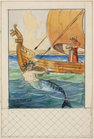Illustration for Oehlenschläger with a mermaid and a king on a ship fitted into a draft frame, Agnes Slott-Møller