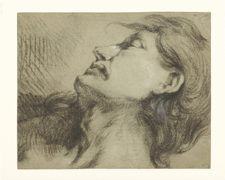 Manskop met lang haar, omlaag kijkend naar links, RP-T-1884-A-301, Anthony van Dyck, between 1610 and 1641