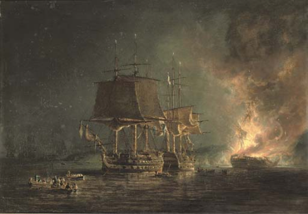 The burning of the Russian 74-gun Sewolod after she had been engaged and silenced by H.M.S. Implacable, Captain T. Byam Martin, in the Baltic, 26th August 1808, Nicholas Pocock