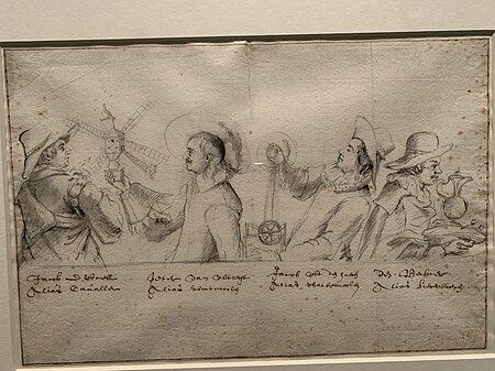 Portraits of Jacob de Wael (?-?), Peter van Utrecht (unidentified), Jacob from The Hague (idem) and Dirck van Baburen (c. 1594/95-1624), members of the Schildersbent in Rome, circa 1623