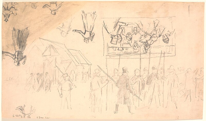 Study journal with several drafts. f.n. study for the painting "The enemy is waiting"; b.o. study of peasants around a table and five studies of a walking woman, Hans Smidth, 1893