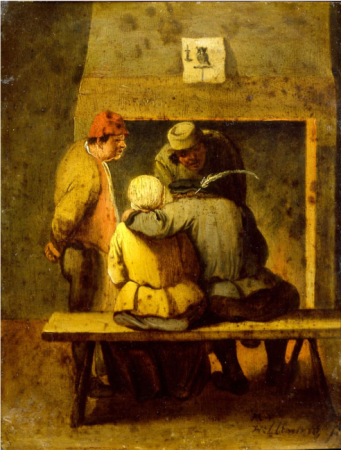 Four peasants in front of the hearth, Mattheus van Helmont, between 1645 and 1679