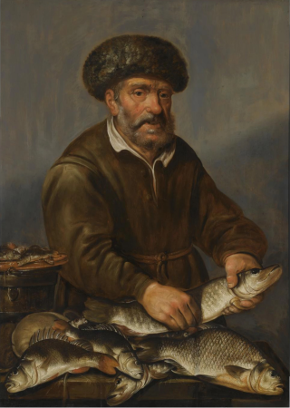 Fisherman holding a pike with other freshwater fish on a table, Pieter de Putter, between 1630 and 1659