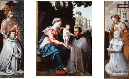 Cartouche with inscription on the edge and the motto of Johannes de Visscher van der Gheer: reed stems that bend but do not break in the waves; the arms of De Visscher, bastard branch Culenborg and Van de Leck, Jan van Scorel, between 1555 and 1570