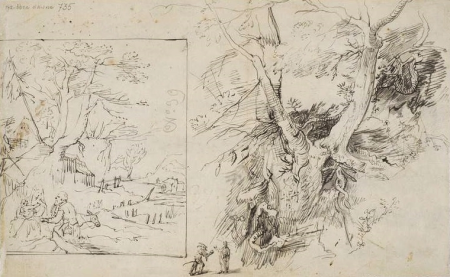Rest on the flight into Egypt and a study of trees with Temptation of Christ., Paulus van Vianen, 1600s