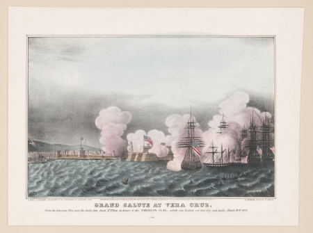 Grand salute at Vera Cruz, from the American fleet and the Castle San Juan D'Ulloa in honor of the American flag, which was hoisted over that city and castle, March 29th, 1847 - E.B. & E.C. LCCN98513766