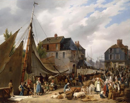 Loading of livestock on the "Passager" in the port of Honfleur, Auguste-Xavier Leprince, 1823