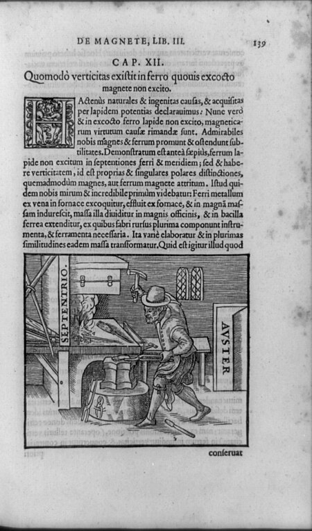 Chapter opening with illustration of man heating and hammering iron bar aligned in north-south orientation to magnetize it, decorated initial H and two cherubs, and surrounding text LCCN92518615, 1600