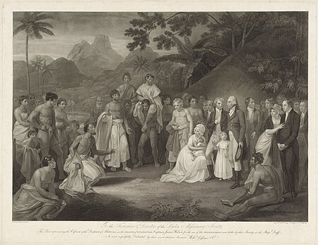 Kapitein James Wilson op het eiland Otaheité The Cession of Matavai (in Tahiti) to Captain James Wilson The Cession of the District of Matavai in the Island of Otaheite to Captain James Wilson for the use of the Missio, RP-P-OB-5386, Francesco Bartolozzi, 1804