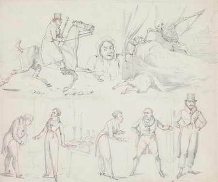 Symptoms: of Can't Wait, of Come-to Ther Glass, of Blood & Bone-Going Against Time, of the Reduced List, of Out of Cash & a-Little in Debt at an Inn, of In cash-at an Inn, Henry Thomas Alken, between 1818 and 1822