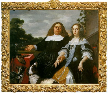 Portrait of Jan Jacobsz. Hinlopen (1626-1666) and Lucia Wijbrants (1638-1719) with to the left a vista showing a wet nurse and child., Bartholomeus van der Helst, 1666