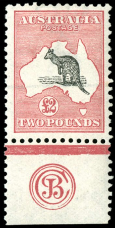 1913 £2 black and red map and kangaroo stamp with lower sheet selvedge with JBC monogram ex Arthur Gray