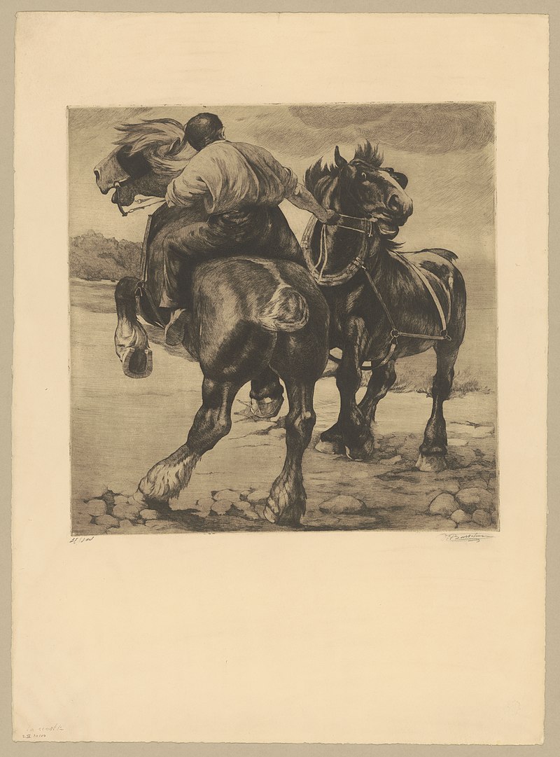 Le révolté: Paysan montant un cheval qui se cabre, en difficulté avec une jument qu'il conduit à  la bride, Constant Eugène de Busschere