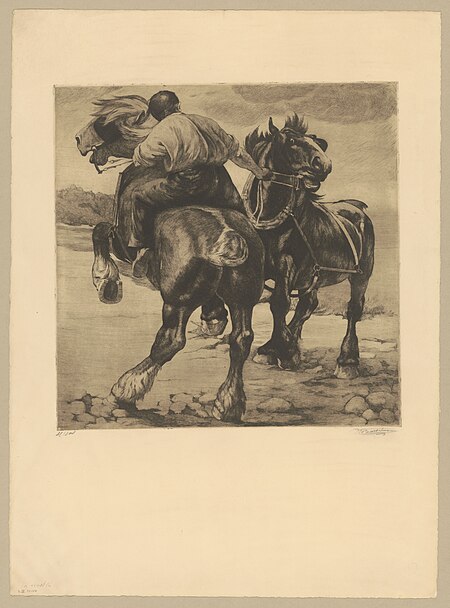Le révolté: Paysan montant un cheval qui se cabre, en difficulté avec une jument qu'il conduit à  la bride, Constant Eugène de Busschere