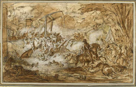 Clash of horsemen on a drawbridge in front of the walls of a city, Joseph Parrocel