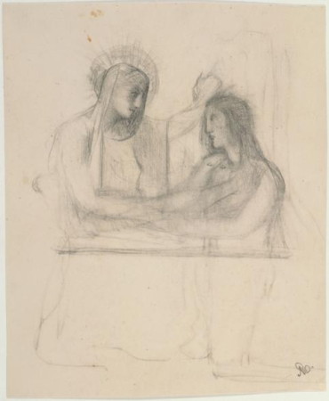 Scène religieuse, deux figures féminines dont une sainte, Ary Renan