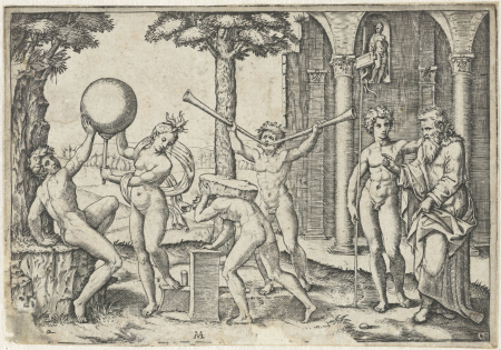 Man met twee trompetten en man met steen op zijn rug geflankeerd door man en vrouw met globe en oude en jonge man, RP-P-OB-11.968, Marcantonio Raimondi, between 1510 and 1527