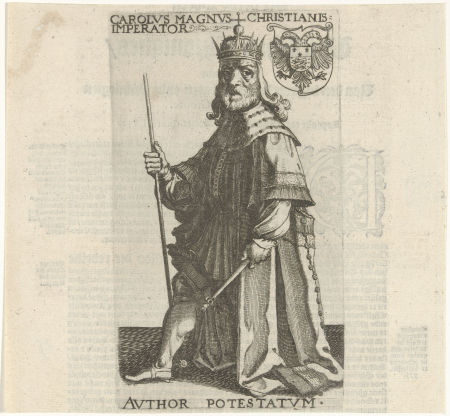 Keizer Karel de Grote Carolvs Magnvs christianis imperator avthor potestatvm (titel op object) Friese heersers (serietitel), RP-P-1905-5741, Simon Frisius, 1622