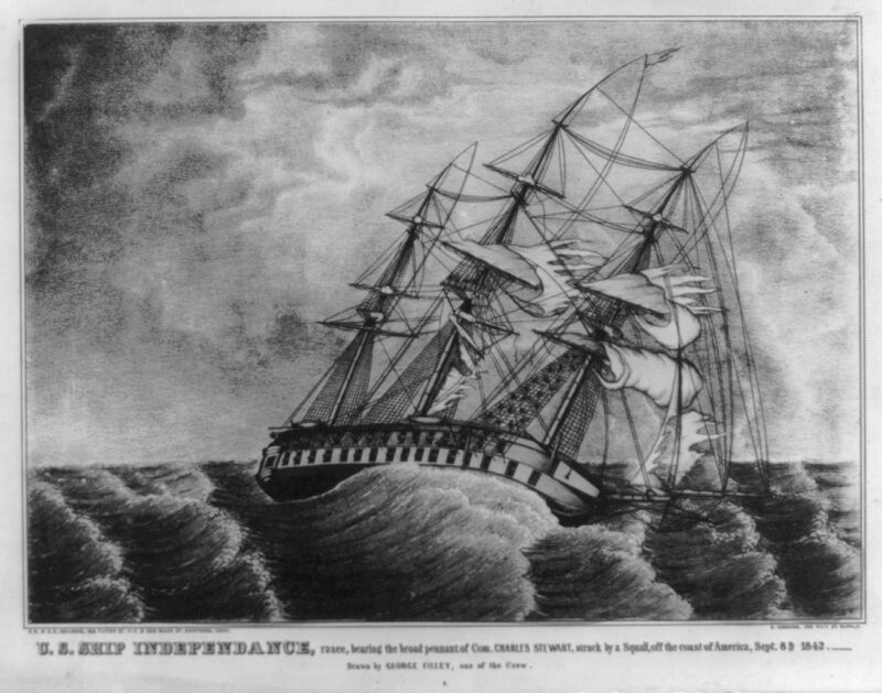 U.S. ship Independance, razee, bearing the broad pennant of Com. Charles Stewart, struck by a squall, off the coast of America, Sept. 8th 1842. Drawn by George Filley, one of the crew LCCN2003656482, between 1842 and 1848