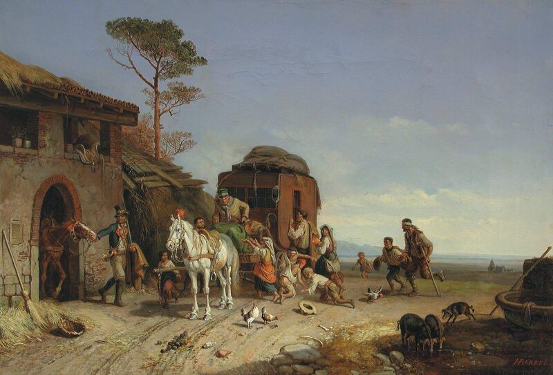Beggars attack a stagecoach in front of a post office in the Pontine Marshes, Heinrich Bürkel