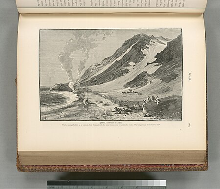 Jebel Hammâm Farún. The hot springs bubble up at intervals from the sand, and also issue from several features in the rocks. The temperature of the water is 160º., 1881