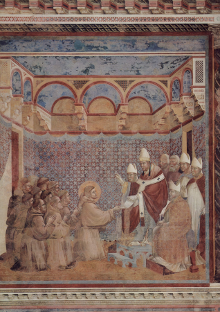 Fresco cycle on the life of St. Francis of Assisi, scene: The confirmation of the order's rule by Pope Innocent III., Giotto, 1296-1298