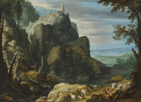 An extensive mountainous landscape with shepherds, animals and a castle beyond, Paul Bril