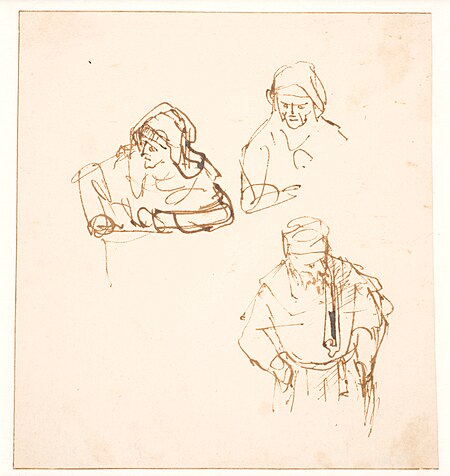 Sketch sheet with two studies of a woman and a third of a man, Govert Flinck