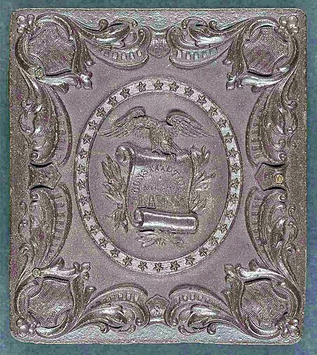 Union case for daguerreotype, ambrotype, or tintype showing eagle grasping scroll stating "Constitution and the Laws" within patriotic scroll frame LOC 5228585773