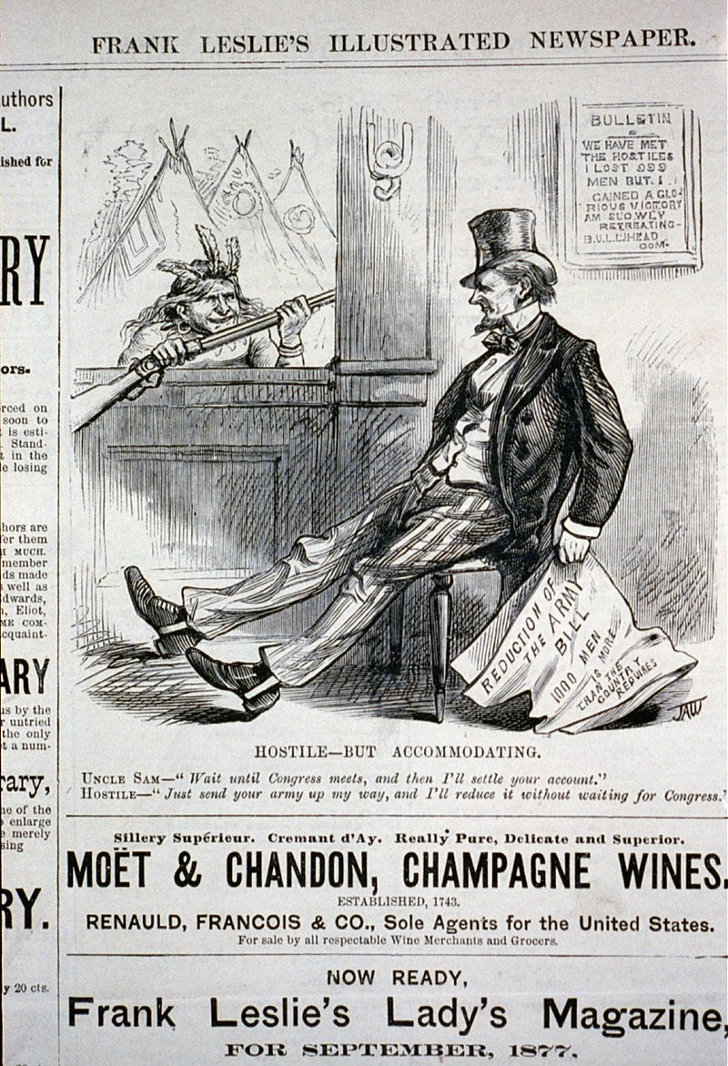 Hostile - but accommodating (Uncle Sam holding Army reduction bill, saying to Indian, with rifle at window, "Wait until Congress meets, and then I'll settle your account" - Indian replies, LCCN2001696522, Frank Leslie, 1877