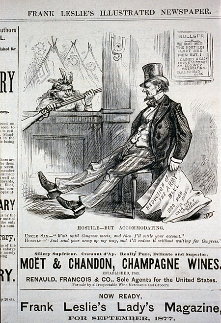 Hostile - but accommodating (Uncle Sam holding Army reduction bill, saying to Indian, with rifle at window, "Wait until Congress meets, and then I'll settle your account" - Indian replies, LCCN2001696522, Frank Leslie, 1877