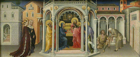 Adoration of the Magi, left predella panel: presentation in the temple, Gentile da Fabriano, 1423