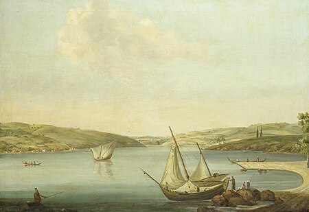 View of the Bosphorus, taken at the height of Beykoz looking northwest, with the Aqueduct of Justinian in the background, Jan van der Steen, between 1770 and 1780
