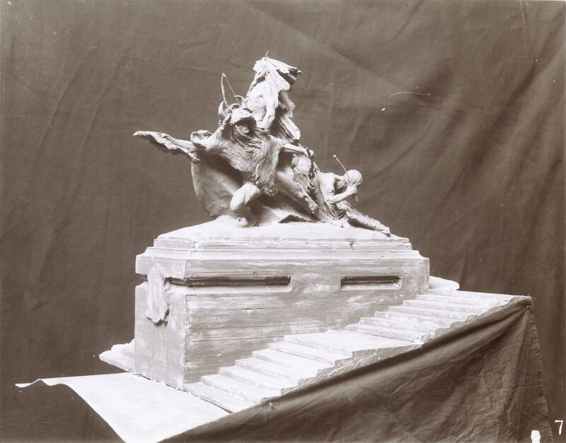 Model of "Buffalo Dance" sculpture by Solon Borglum displayed at the 1904 World's Fair. (three quarters view of right side of model with stairs), Solon Borglum, 1903