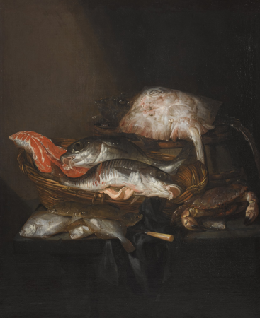 Still life with a ray on a barrel, a salmon steak, a pike perch and a coalfish in a basket, with flounders, a knife and a crab on a draped table, Abraham van Beijeren, between 1645 and 1655