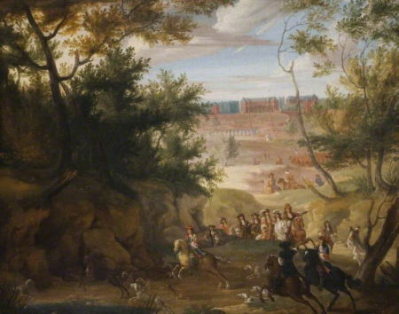 View Of Versailles With Louis XIV And Huntsmen, Adam Frans van der Meulen, between 1650 and 1700