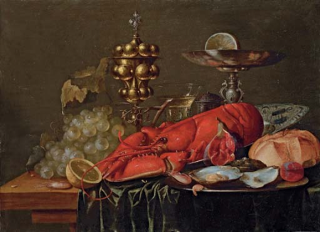 A lobster on a blue and white porcelain platter, oysters, a shrimp, a plum and a fig on a pewter plate, a bread roll, a pewter tazza, a gold stand and grapes on a partly-draped wooden table, Carstian Luyckx, between 1630 and 1658