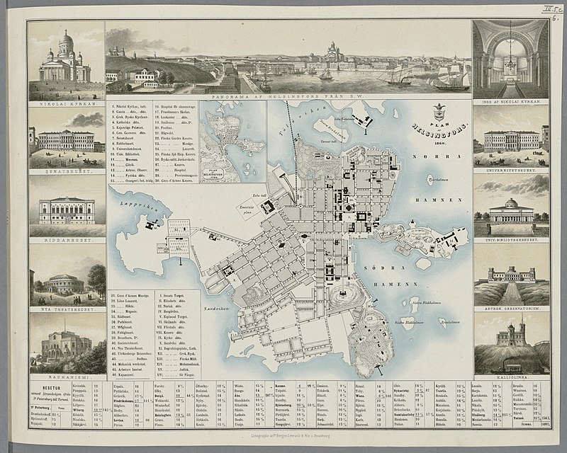 Plan of Helsinki and maps of Finland, the capital's surroundings, the Saima canal and the Helsinki-Tavastehus railway and twenty-four views, 1860