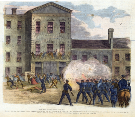 "Collision Between the Federal Troops Under Colonel McNeil and the Citizens of St. Louis, MO. - The Fire on the Troops Taking Effect Upon the Recorder's Court, Which was then in Session.", Frank Leslie, 29 June 1861