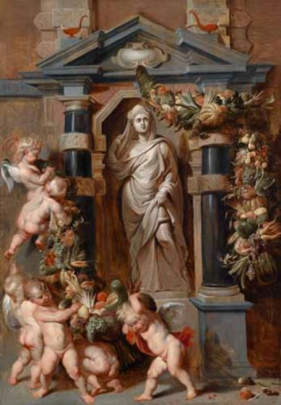 Statue of the goddess Ceres in a niche, with putti putting up festoons of vegetables and fruit, Peter Paul Rubens, circa 1619