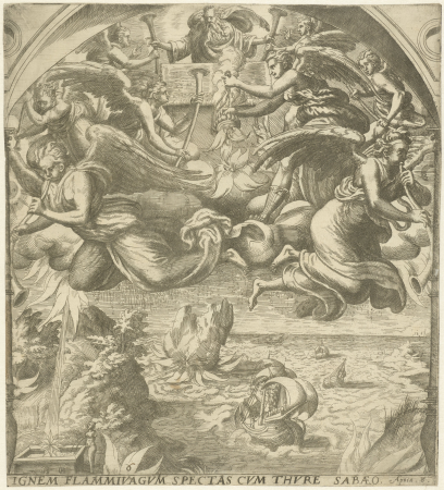 Verbreken van het zevende zegel Ignem Flammivagvm spectas cvm thvre sabaeo (titel op object) Openbaring van Johannes (serietitel), RP-P-1878-A-1370, Gerard Groenning, between 1563 and 1574