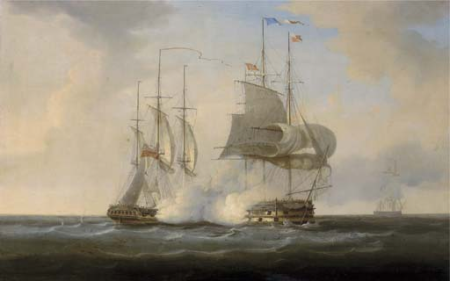The gallant encounter between H.M.S. Boadicea and two French warships Le Duquay-Trouin and Guerriére on 31st August 1803, William John Huggins, 1822