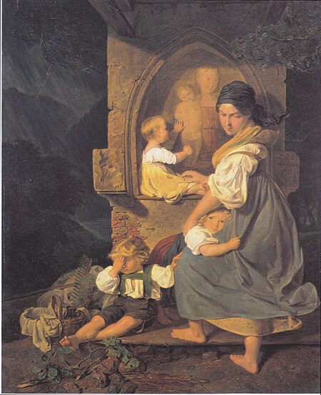 Refuge at the wayside-shrine at the approach of a thunderstorm, Ferdinand Georg Waldmüller, 1832