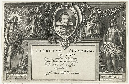 Portrait of Nicolas Vallet flanked by muses with musical instruments and Apollo with lyre and Mercury and title, David Vinckboons