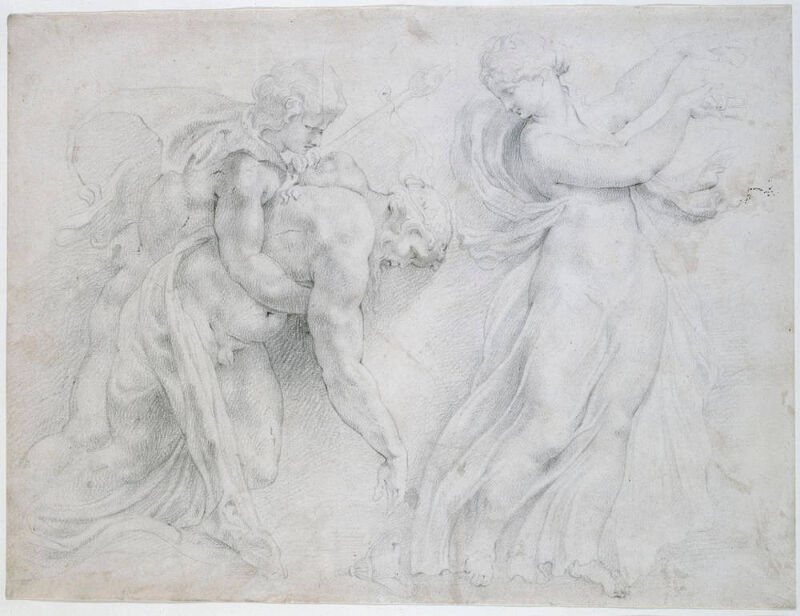 Dionysus supporting a drunken Silenus with a maenad dancing in front of him (after the Borghese Vase in the Louvre), Peter Paul Rubens, between 1605 and 1608